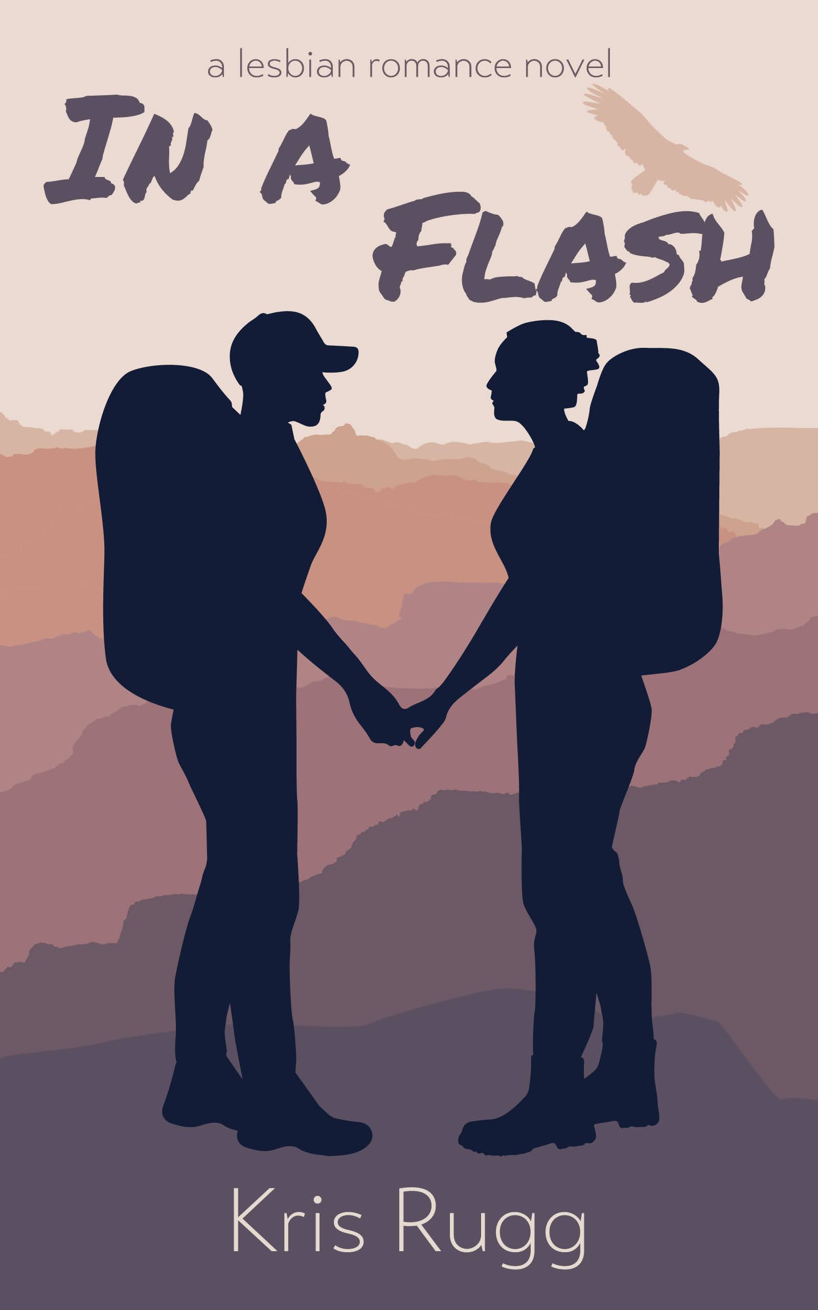 Cover of a book titled “In a Flash”. Outline of 2 people with large backpacks face each other and hold hands. In the background the outline of Grand Canyon with a large bird in the top right corner.